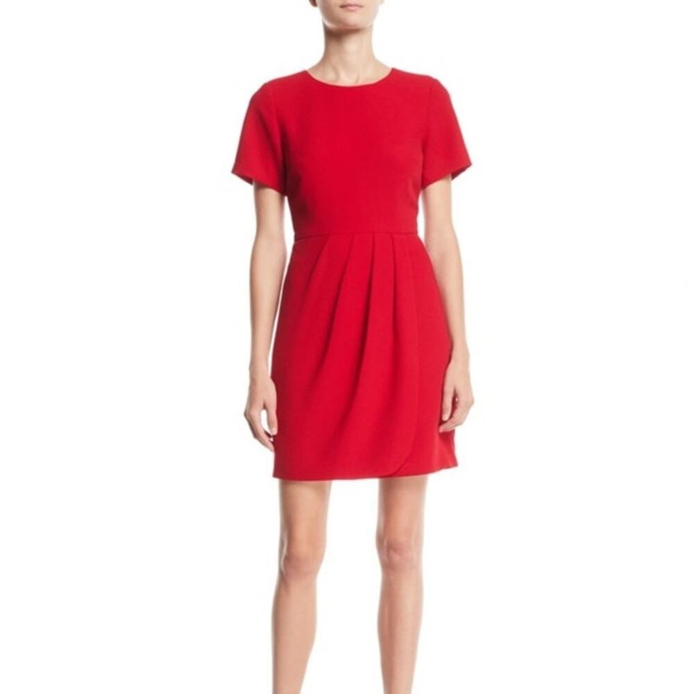 Club Monaco 6 Mini Shift Dress Red Pleated Wrap Skirt Hourglass Short Sleeves